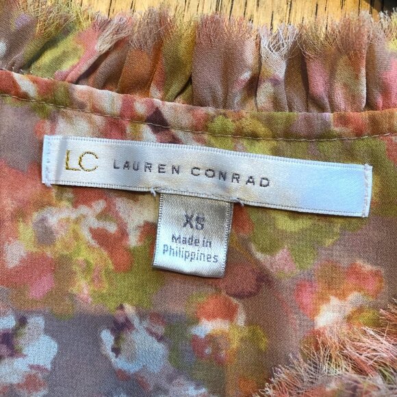 LC Lauren Conrad Abstract Floral Tie Neck Tuxedo Sheer Popover Blouse Size XS - Picture 5 of 6